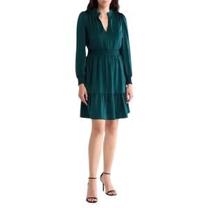 LUCKY BRAND V-NECK SMOCKED WAIST LONG SLEEVE TEAL RUFFLE DRESS XL